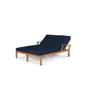 Delaine Outdoor Teak Outdoor Double Chaise Loungewith Sunbrella Cushion In Navy