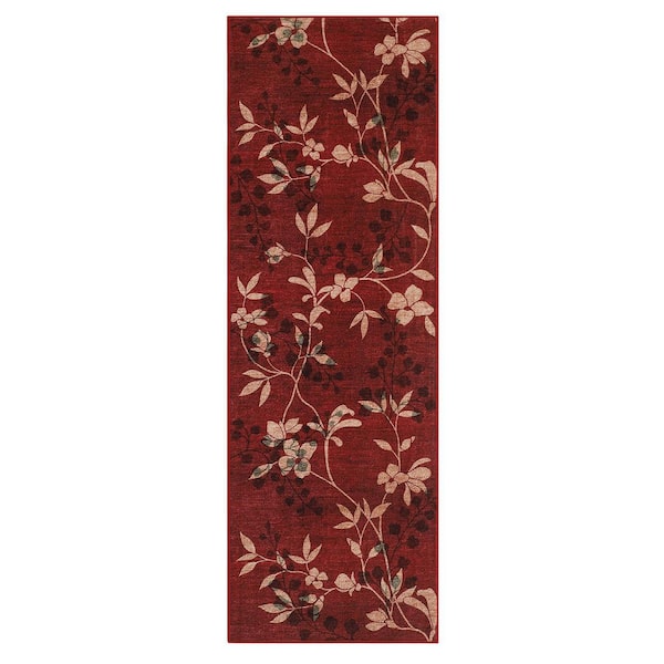Red 2x6 Plant Floral Rug Machine Washable Ultra-Thin Soft Foldable Polyester