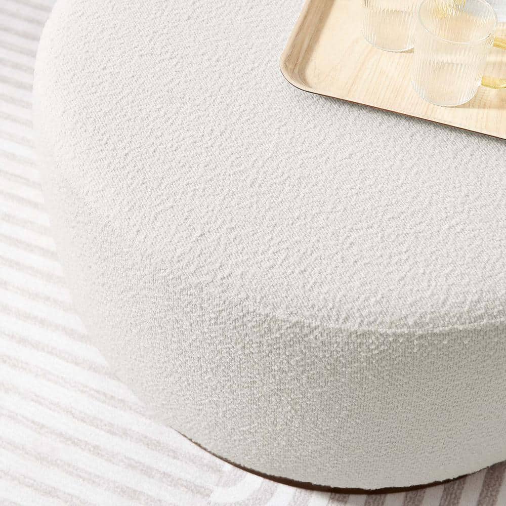 Tilden 29" Round White Boucle Ottoman with Walnut Base
