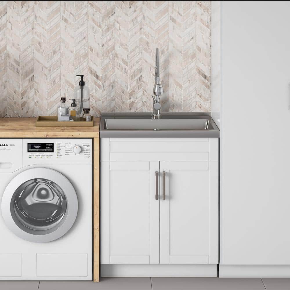 Hennessy 28 Inch White Laundry Cabinet with Stainless Steel Sink