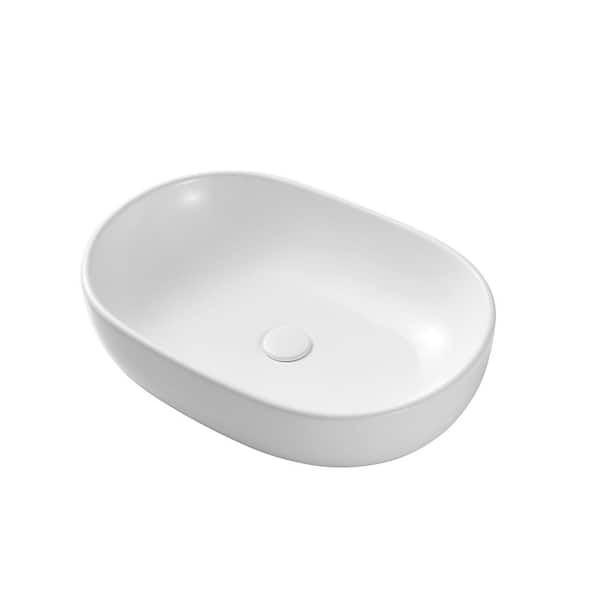 Natonda Glossy Ceramic 23-7/8 in. Oval Bathroom Vessel Sink in White with Pop-Up Drain