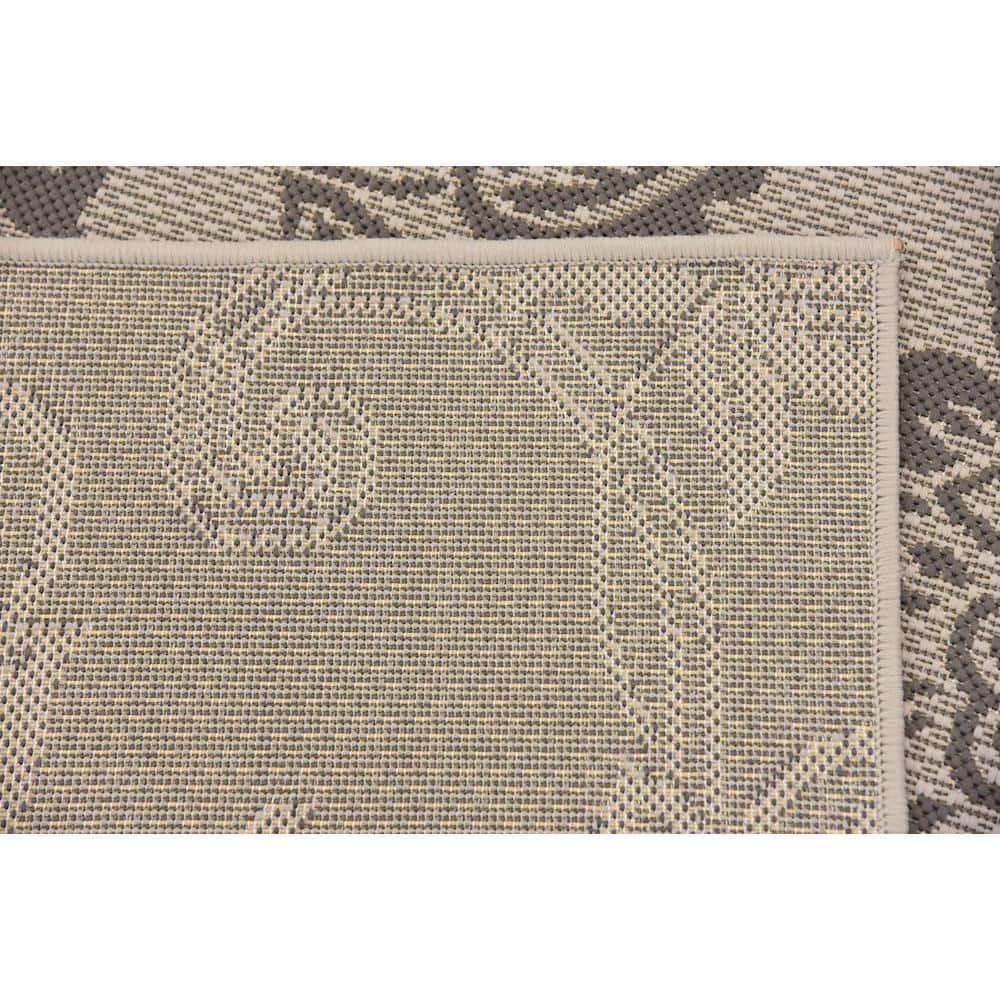 Reversible Gray Outdoor Runner Rug with Botanical Design, Easy-Care Synthetic
