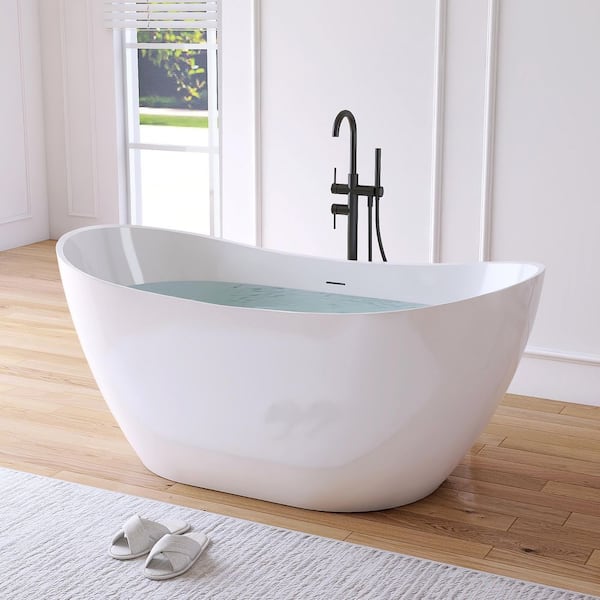 60 in. x 29 in. Acrylic Flatbottom Freestanding Soaking Bathtub in White