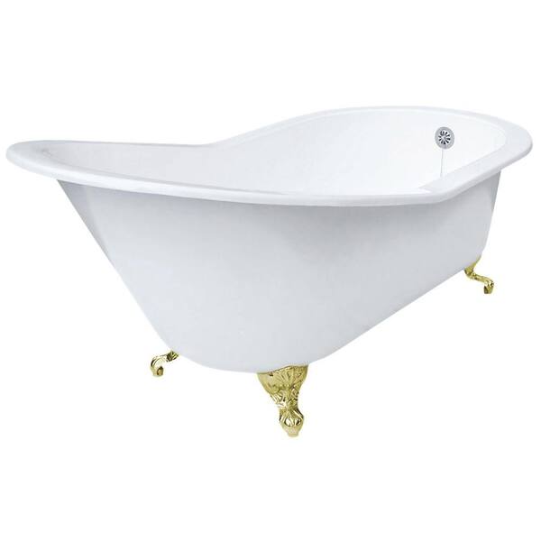 Elizabethan Classics 5 ft. 7 in. Grand Slipper Cast Iron Tub Less Faucet Holes in White with Ball and Claw Feet in Polished Brass
