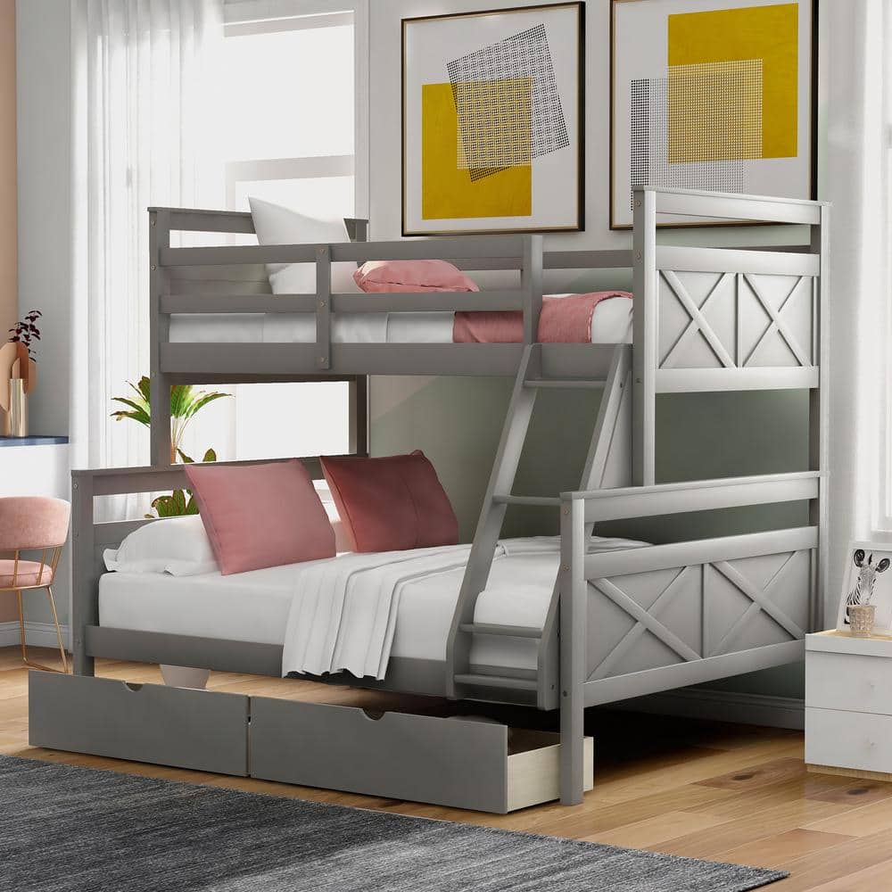 Gray Twin Over Full Pine Wood Bunk Bed with Storage Drawers