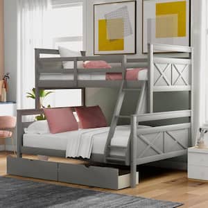 Gray Twin Over Full Wood Bunk Bed with 2-Storage Drawers