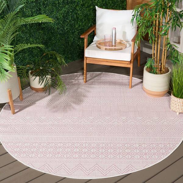 Courtyard 7 x 7 Ivory/Pink Tribal Round Rug