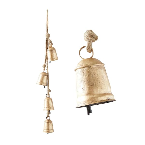 Litton Lane Gold Metal Tibetan Inspired Cylindrical Decorative Cow Bell  with Jute Hanging Rope and Rod 042542 - The Home Depot