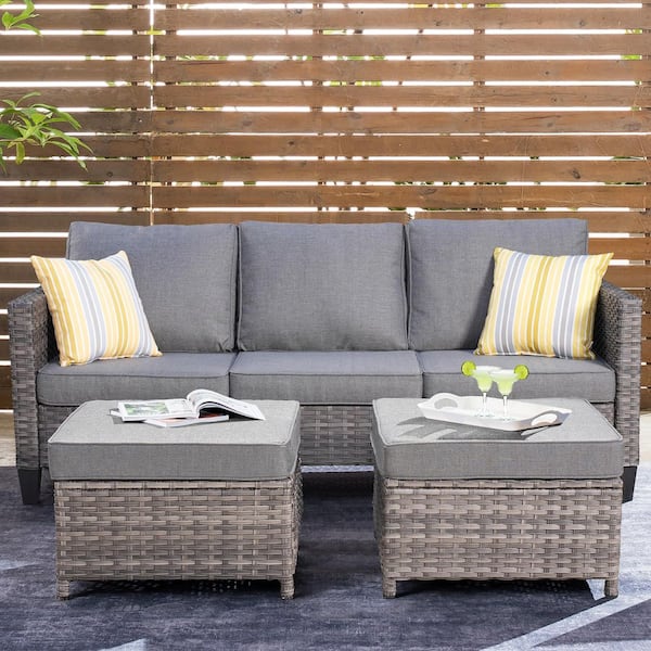 XIZZI Megon Holly Gray 3-Piece Wicker Outdoor Patio Conversation Seating Sofa Set with Dark Gray Cushions