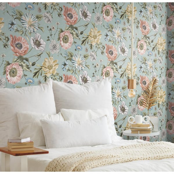 Vintage Poppy Blue Matte Finish Peel and Stick Vinyl Wallpaper