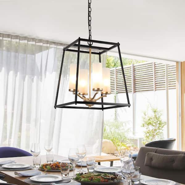 Classic 4-Light Black Square Chandelier with Frosted Glass Shades, Transitional Pendant Light for Bedroom