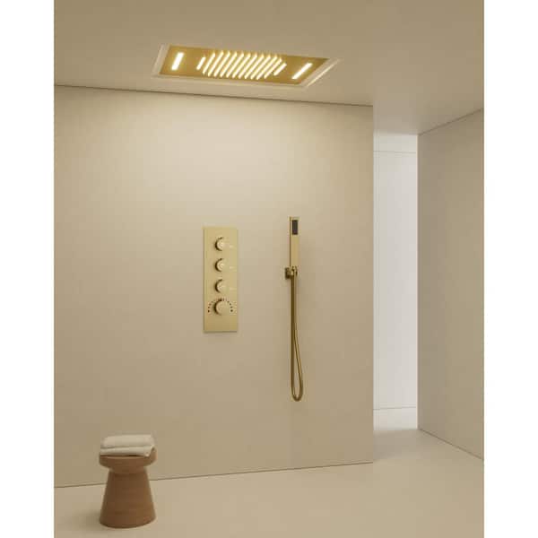 Thermostatic Valve 7-Spray 23x15 in. LED Mood Lighting Ceiling Mount Fixed and Handheld Shower Head in Brushed Gold