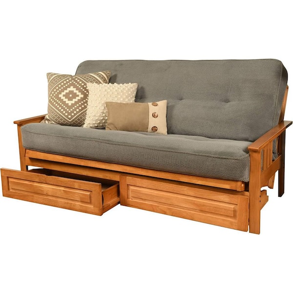 79 in. Butternut/Marmont Thunder Polyester Upholstered Full Size Futon Set with Mattress and Storage Drawers