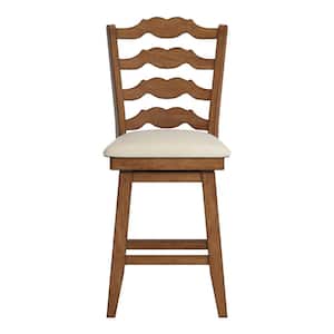 24 in. H Oak French Ladder Back Swivel Chair with Beige Linen Seat