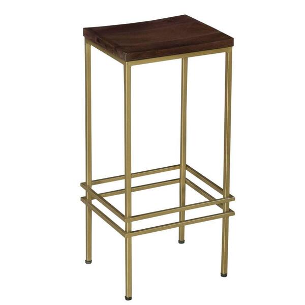 The Urban Port 30 in. H Walnut Brown and Gold Tubular Metal Frame Bar Stool with Wooden Seat