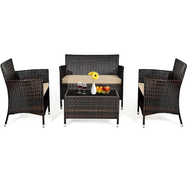 4-Piece Rattan Wicker Patio Conversation Set Patio Furniture Set Sofa Chair Table Set with Mix Brown Cushions