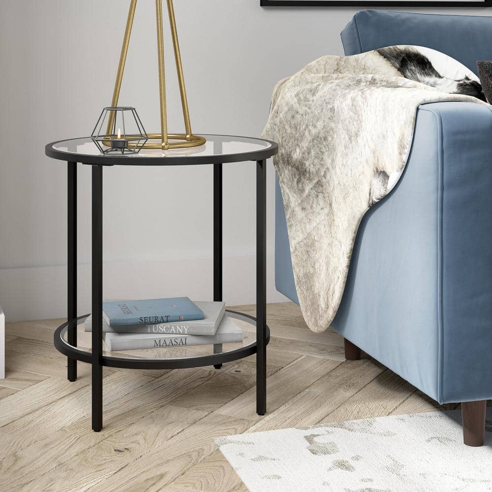 Blackened Bronze Round Side Table with Glass Shelf