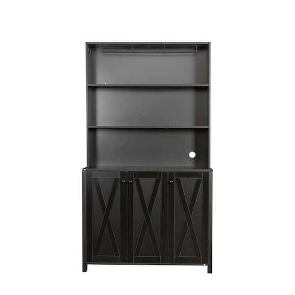 Unbranded Black Wood Pantry Organizer Kitchen Cabinet with Drawers, Open Shelves and Wine Rack