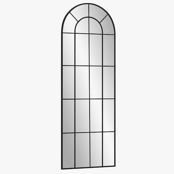 GLSLAND 24 in. W x 65 in. H Arched Metal Windowpane Framed Black Wall Bathroom Vanity Mirror