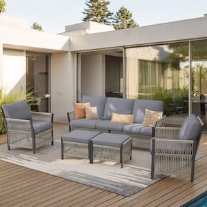 Nyajiah 5-Piece Wicker Outdoor Patio Conversation Set with Gray Cushions