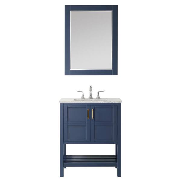 ROSWELL Florence 30 in. Bath Vanity in Blue with Marble Vanity Top in White with White Basin and Mirror