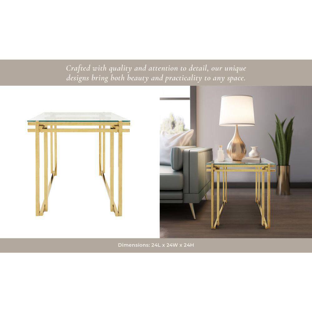 Elegant Gold Stainless Steel and Clear Glass Square Side Table