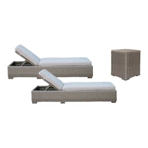 Lamba Brown 3-Piece Wicker Outdoor Chaise Lounge with Beige Cushions