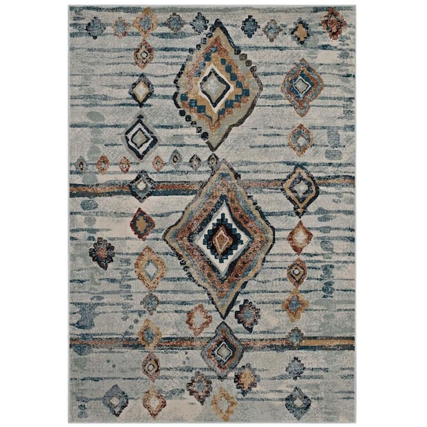 Jenica 8ft. x 10ft. in Silver Blue Beige and Brown Distressed Abstract Diamond Area Rug