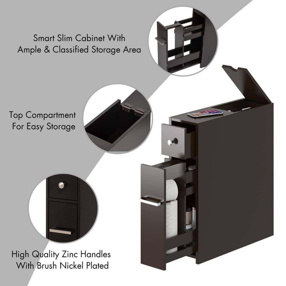 Espresso Slim Freestanding Bathroom Storage Cabinet with Slide-Out Drawer