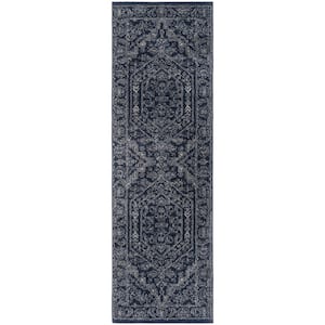 Adirondack Navy/Ivory 3 ft. x 12 ft. Border Runner Rug