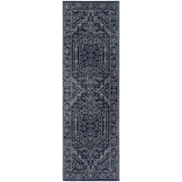 Adirondack Navy/Ivory 3 ft. x 14 ft. Border Medallion Runner Rug