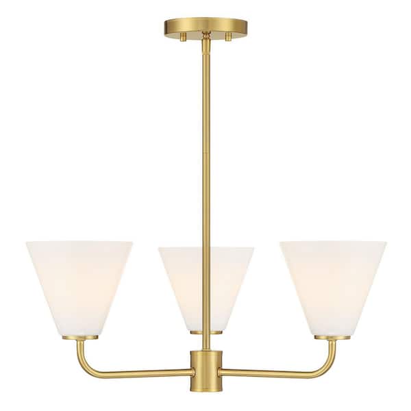 Blair 3-Light Warm Brass Transitional Chandelier with Strie Glass Shades and Adjustable Arms