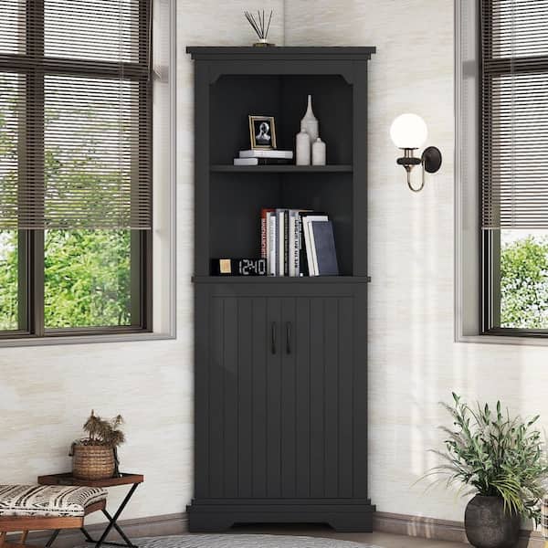 Tatahance Black Wood 69.4 in. H Tall Corner Storage Cabinet with
