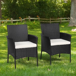 Black Wicker Outdoor Rattan Dining Chair Patio Arm Chair w/Zipper and White Cushions(2-Pack)