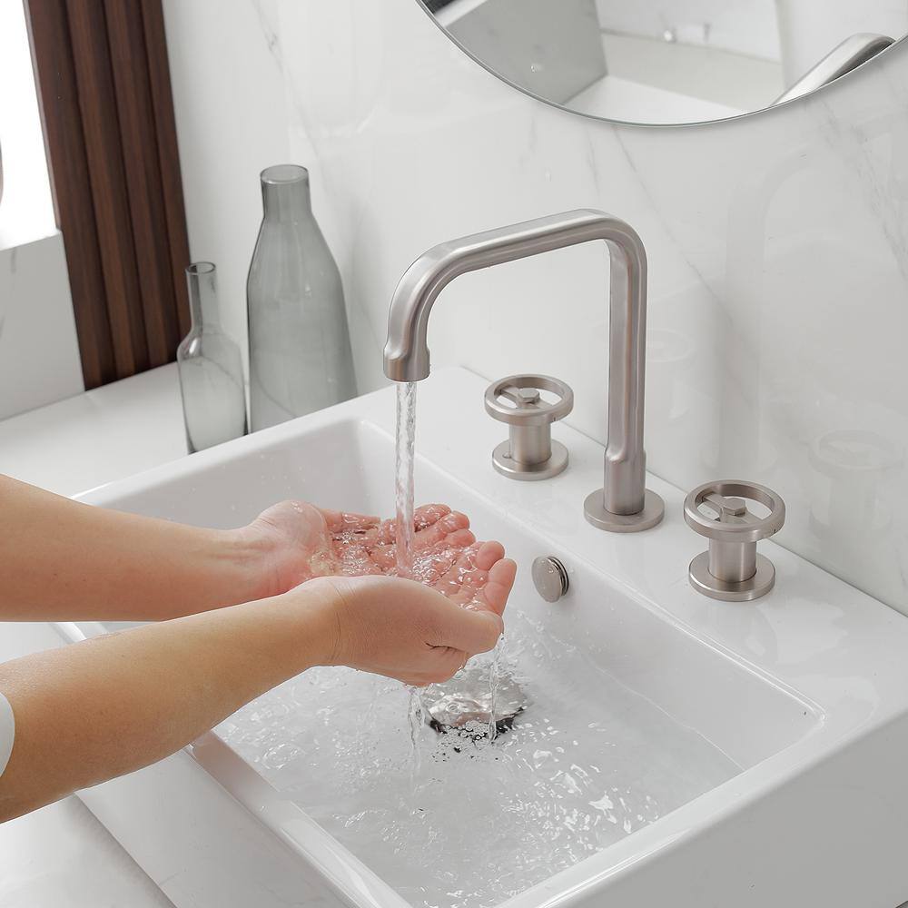 Brushed Nickel 8-inch Widespread Double Handle High-Arc Bathroom Faucet