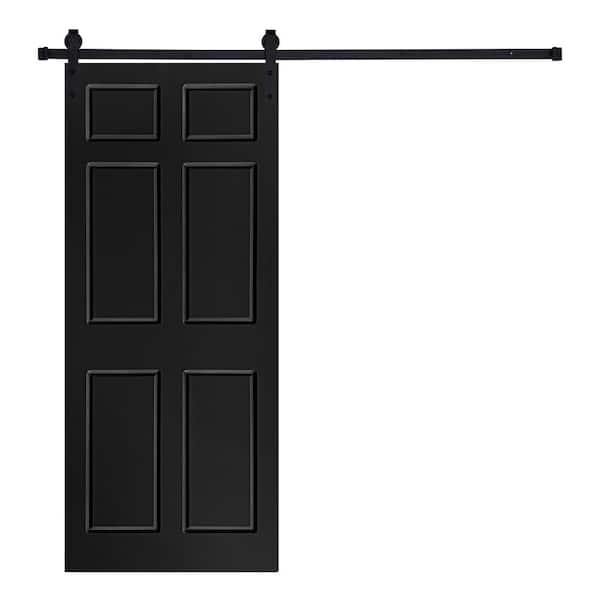 AIOPOP HOME Modern 6-Panel Designed 96 in. x 42 in. MDF Panel Black Painted Sliding Barn Door with Hardware Kit