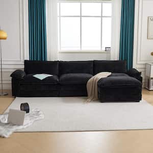 Double-Layer Cushion's Collection 120 in Wide Pillow Top Arm Chenille L-shaped Modern Sofa in. Black with Ottoman