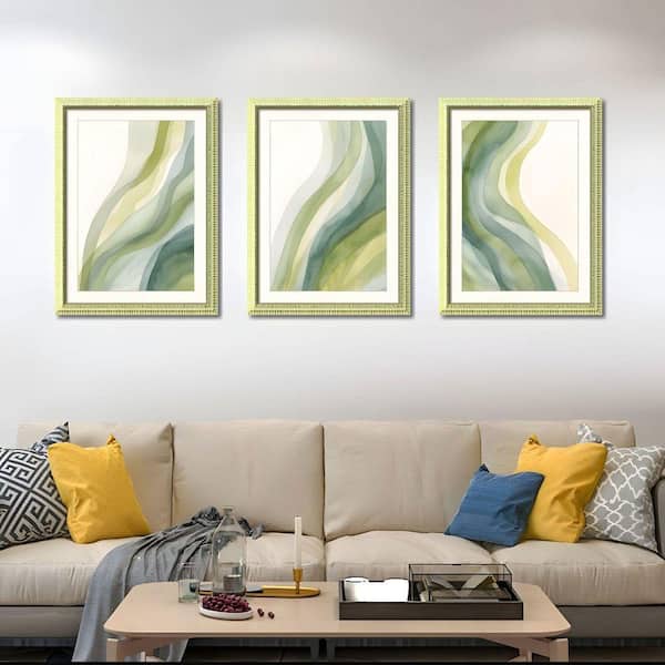 Modern 3 Piece Solid Wood Framed Abstract Green Replaceable Canvas Prints 24 in. x 18 in. for Living Room Bedroom