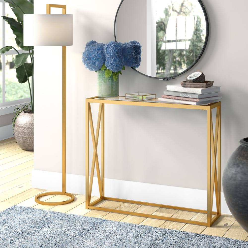 Brass and Glass X-Base Hallway Table with Storage