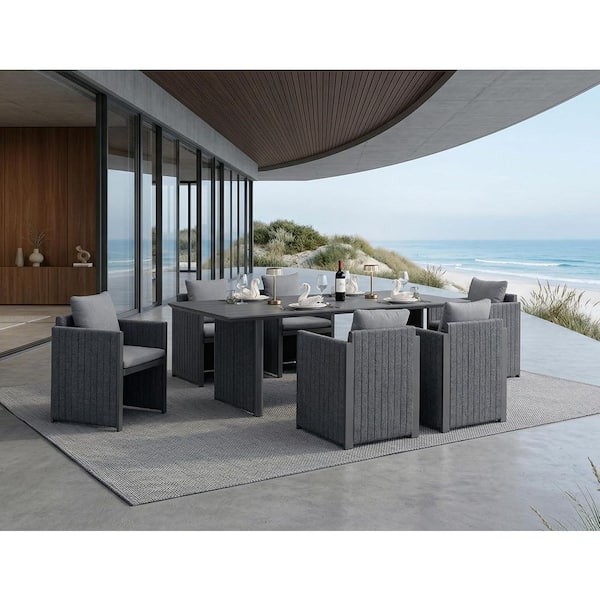7-Piece Aluminum Outdoor Dining Set All-Weather Modern Rectangular Dining Table and Chairs with Olefin Cushions, Grey