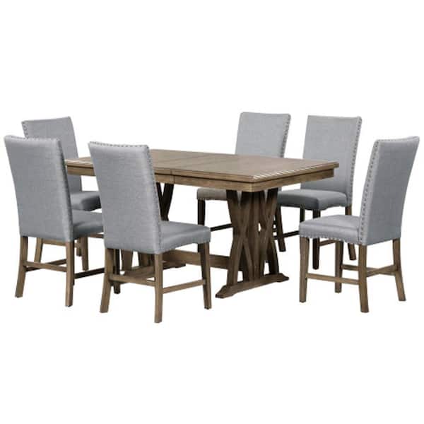 Unbranded Brown 7-Piece Solid Wood Extendable 12 in. Leaf Table Elegant Upholstered Chairs Outdoor Dining Set with Gray Cushion