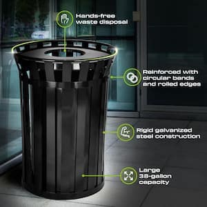 38 gal. Black Steel Slatted Commercial Outdoor Trash Can Receptacle with Liner