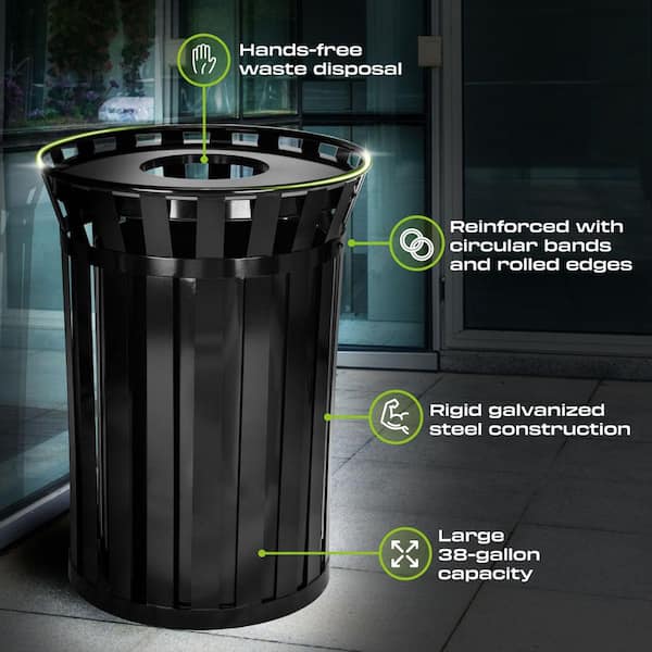 38 gal. Black Steel Slatted Commercial Outdoor Vented Trash Can Receptacle with Liner