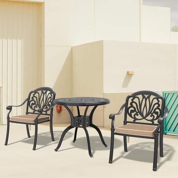 Elizabeth Black 3-Piece Cast Aluminum Outdoor Dining Set with 31.50 in. Round Table and Random Color Seat Cushions