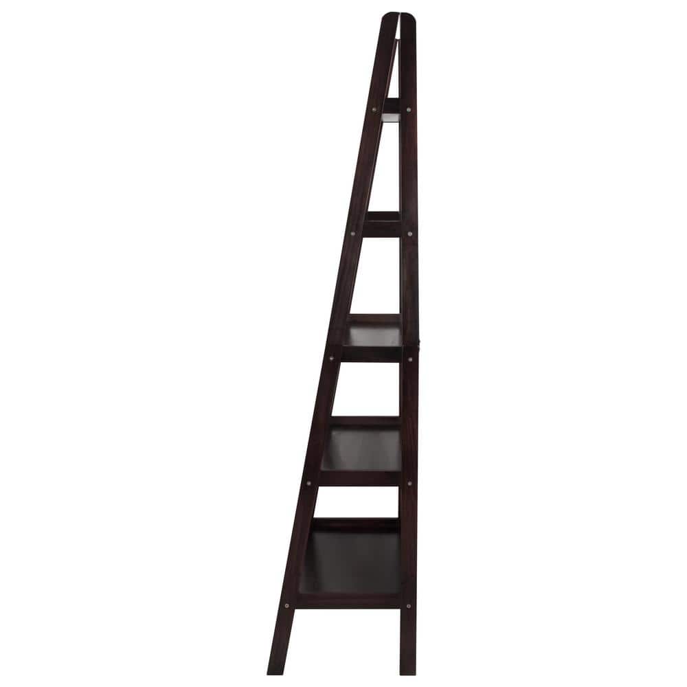 Espresso Solid Wood Adjustable 5-Shelf Ladder Bookcase