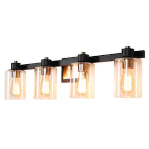 31.5 in. 4-Light Matte Black and Gold Bathroom Vanity Light with Clear Glass Shades