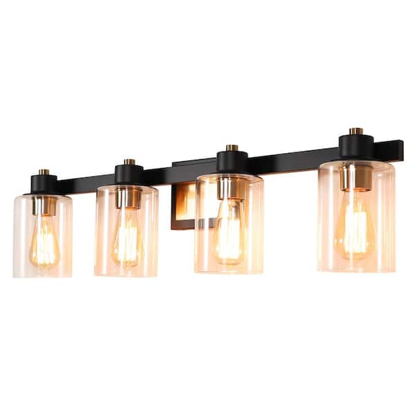 pasentel 31.5 in. 4-Light Matte Black and Gold Bathroom Vanity Light with Clear Glass Shades