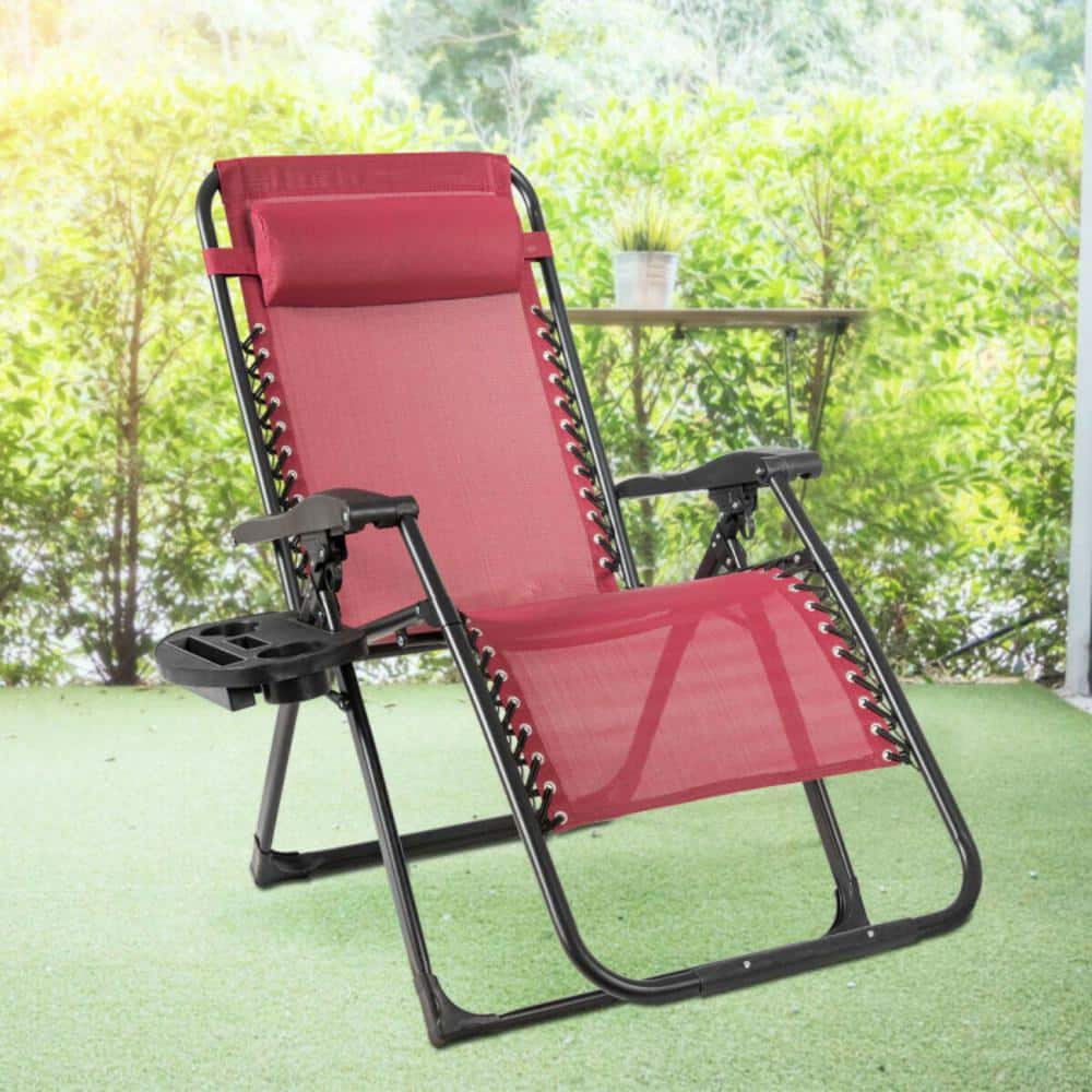 Dark Red Steel Frame Oversize Outdoor Lounge Chair with Cup Holder