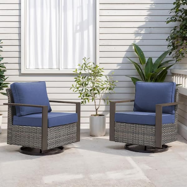 Gray Wicker Outdoor Rocking Chairs, Swivel Patio Chairs with Wood-Looking Metal Arms with Blue Cushions (2-Pack)
