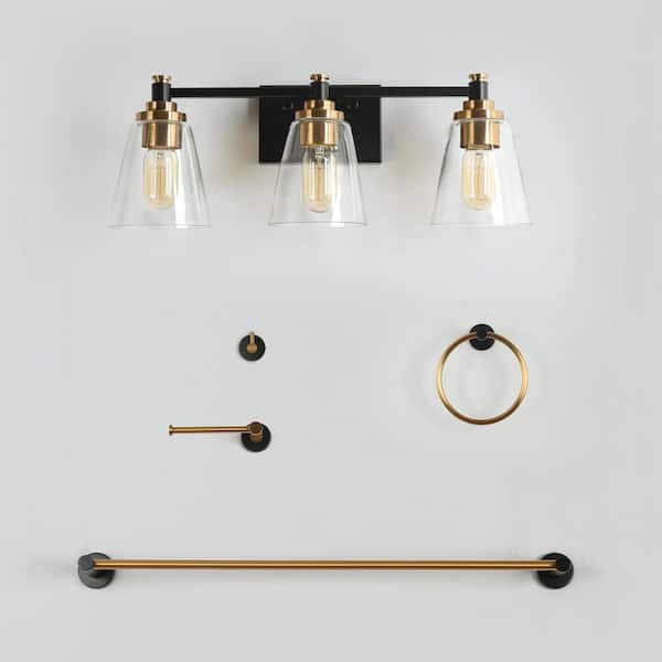 Zevni 21 in. 3-Light Black Bathroom Vanity Light, Modern Brass Gold Hardware Accessories, Clear Glass Wall Sconce (5-Piece)